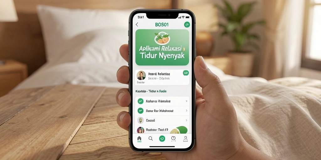 Antarmuka aplikasi BOS01 dengan fitur Tidur & Relaksasi yang menenangkan.