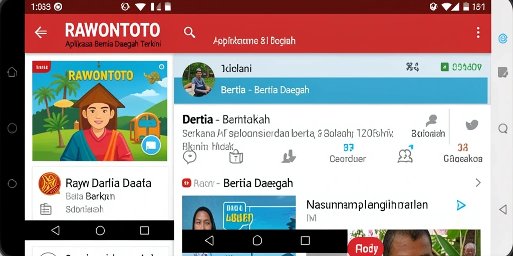 Tampilan antarmuka aplikasi RAWONTOTO dengan fitur berita daerah.
